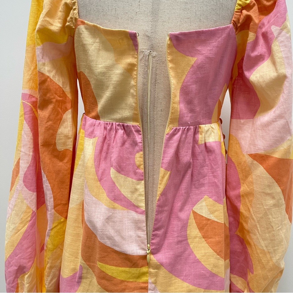 Sabo Alya Babydoll Pink Yellow Long Puff Sleeve Mini Dress Size X-Small - Picture 11 of 16